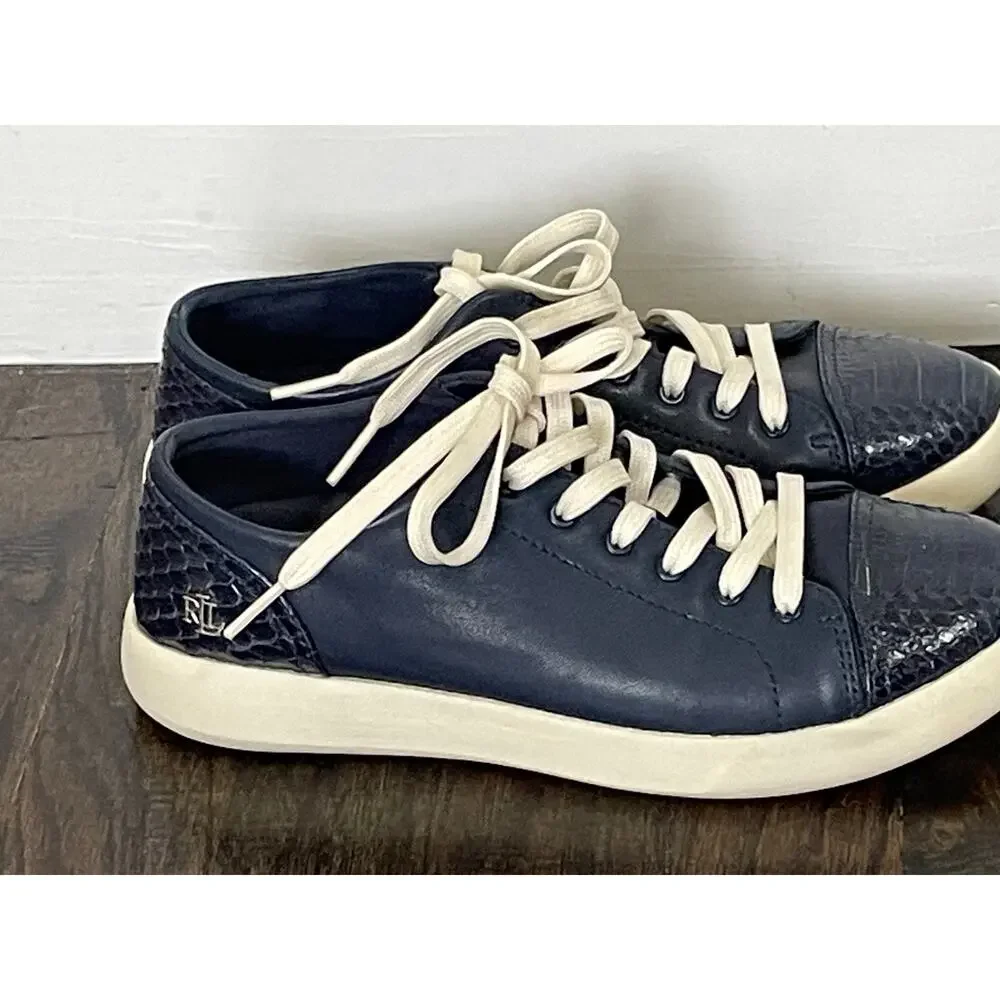 Lauren Ralph Lauren Navy Leather Snake Toe Sneakers Womens 6